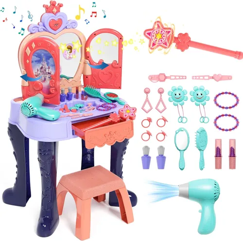 Eohemeral Magic Sensor - Juego de tocador para niños con espejo de apertura automática, mesa de maquillaje para niños con luz de inducción y música,