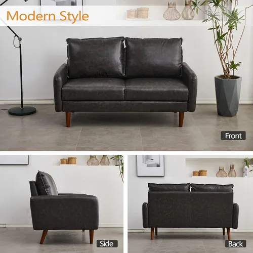 Vista 20 de INSTORY Sofá de cuero Sofá moderno con patas de madera para sala de estar Oficina - Gris oscuro