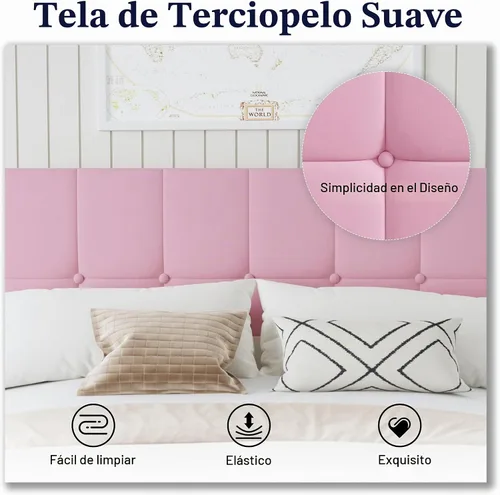 Vista 5 de Base de cama de plataforma de terciopelo tamaño Queen con cabecera tapizada y soporte de listones resistentes, diseño capitoné, no requiere somier