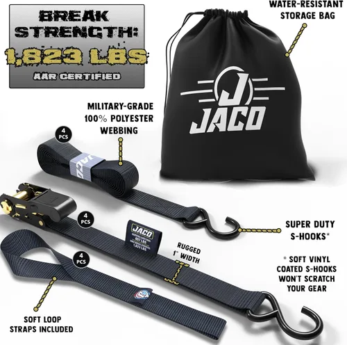 Vista 2 de JACO - Correas de amarre con trinquete, 1 pulgada x 15 pies (paquete de 4) 1,823 libras (negro)