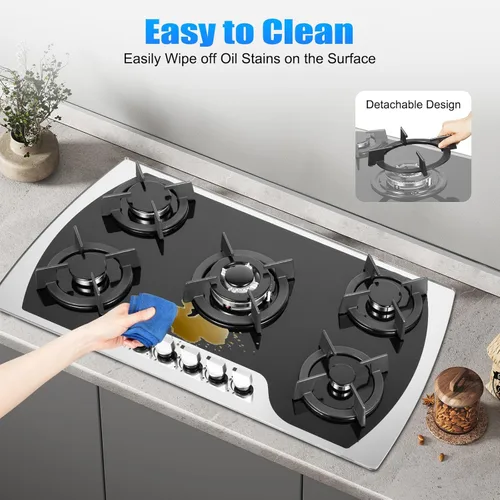 Vista 6 de Cocina de gas de 35 pulgadas, estufa de gas integrada de acero inoxidable, 5 quemadores con control de interruptor independiente, cocina de gas