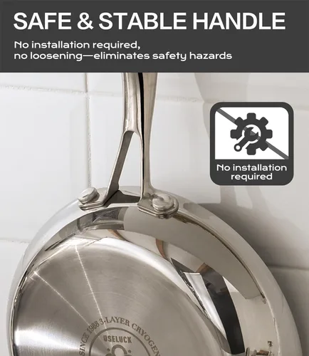Vista 3 de USELUCK Sartén de acero inoxidable de 8 pulgadas, base de triple capa, sartenes no tóxicas con tapa de acero inoxidable, calentamiento rápido