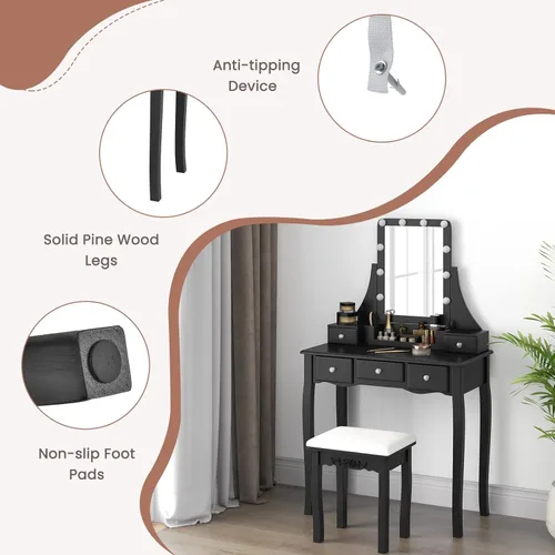 Vista 7 de CHARMAID Escritorio de tocador con espejo y luces, mesa de tocador de maquillaje con 5 cajones de almacenamiento, 3 modos de iluminación