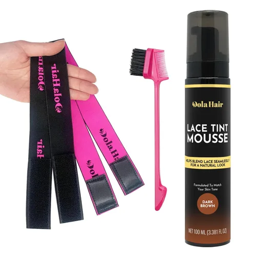 Dolahair Spray de tinte de encaje para fusión de pelucas, mousse marrón oscuro con bandas elásticas para aplicación de peluca sin costuras