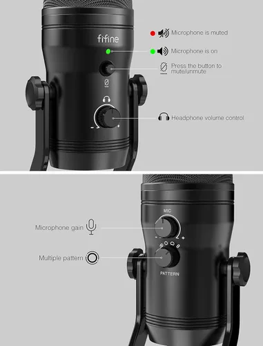 Vista 3 de FIFINE - Micrófono USB de estudio de grabación para computadora Micrófono de podcast para PC, PS4, Mac con botón de silencio y conector