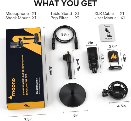 Vista 9 de Micrófono XLR de condensador Maono con diafragma grande de 34mm, micrófono de estudio cardioide profesional para podcasting, grabación, streaming