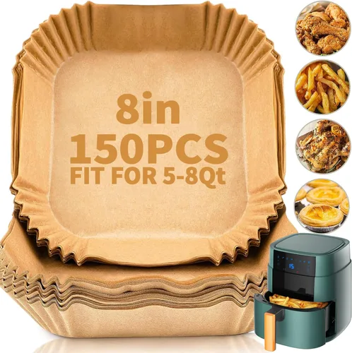 150 PIEZAS Forros de Papel Desechables para Freidora de Aire, Forro de Pergamino Desechable de 8 Pulgadas Cuadradas para Freidora de Aire de 5-8QT,