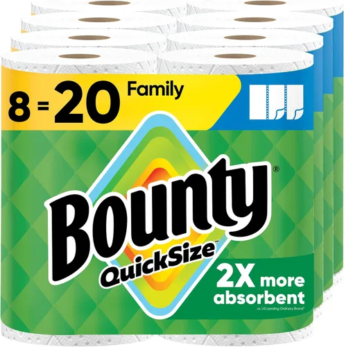 Bounty Toallas de papel de tamaño rápido, color blanco, 8 rollos familiares = 20 rollos regulares (el embalaje puede variar)