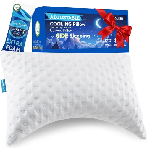 Vista 10 de Almohadas para dormir de lado para comodidad de cuello y hombros, diseño ergonómico de media luna curvada, espuma viscoelástica triturada ajustable