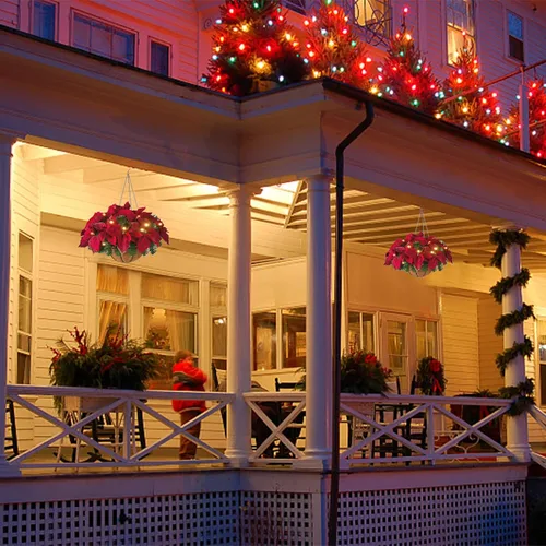 Vista 3 de Cesta colgante de flor de pascua artificial de 17.7 pulgadas, arreglo floral de flores de Navidad con arbusto (#1)