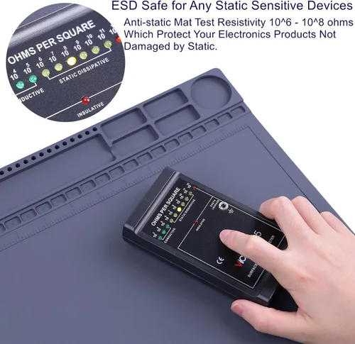 Vista 2 de IUZIT - Alfombrilla antiestática para construcción de PC, reparación de electrónica de computadora, resistente al calor, 932 F ESD, con cable