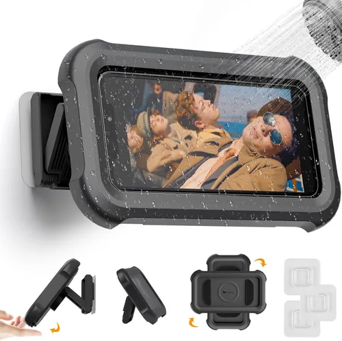 Vista 11 de Soporte impermeable para teléfono de ducha con rotación de 360°, ángulo ajustable, soporte de teléfono montado en la pared para espejo de baño