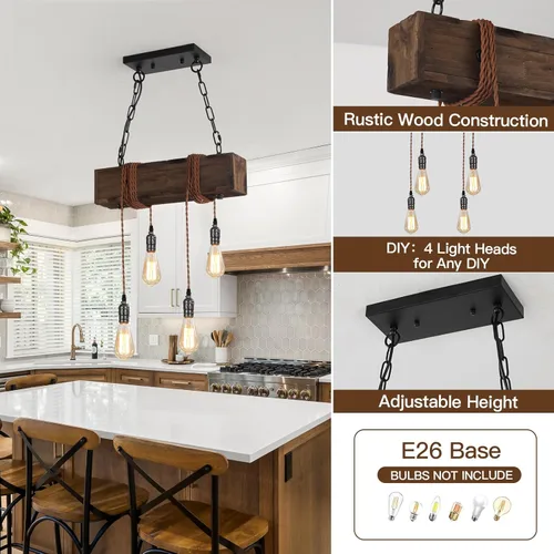 Vista 4 de KEESFU 4 luces colgantes de granja para isla de cocina, luz colgante de techo de madera rústica, altura ajustable, lámpara de comedor para isla