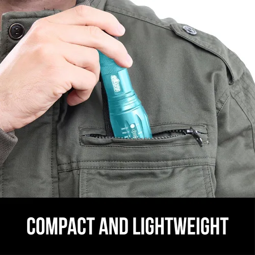 Vista 8 de Gorilla Grip Paquete de 2 linternas tácticas LED de mano, altos lúmenes, ultra brillantes, 5 modos, resistente al agua de larga duración, linternas