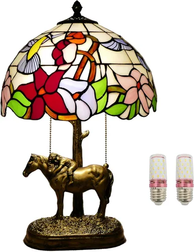 Vista 5 de Tiffany - Lámpara de mesa estilo rosas multicolor, lámpara de mesa con vitrales de 12 pulgadas de alto de 19 pulgadas, mesita de noche, mesita