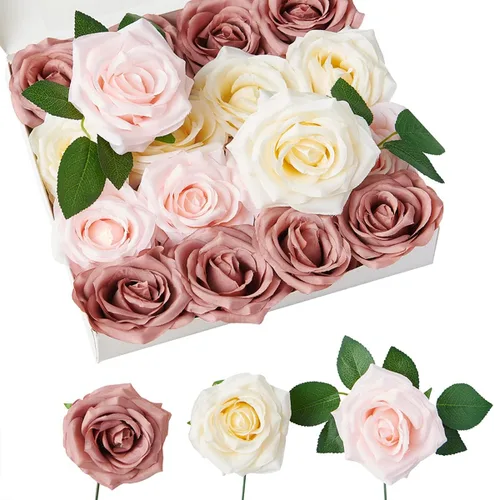 Vista 14 de Flores artificiales de rosa, rosas artificiales, rosas de seda, rosas falsas de aspecto real con tallos para manualidades, ramos de boda, centros