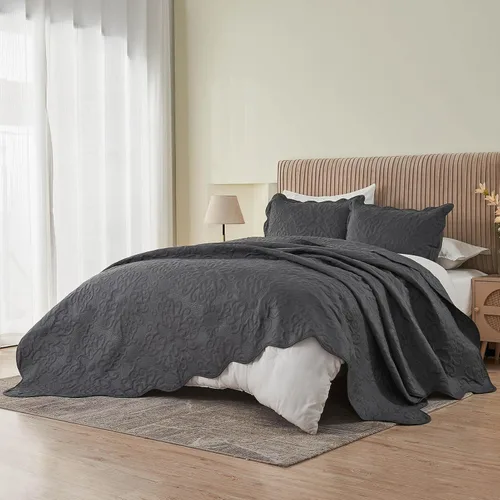 Vista 6 de Kingnex Juego de colcha de tamaño King, suave, ligera, acolchada, 3 piezas, 1 edredón y 2 fundas de almohada, color gris oscuro