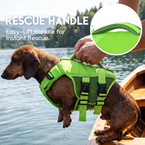 Vista 6 de ASENKU Chaleco salvavidas para perros, chaleco reflectante de alta flotabilidad para perros con asas duraderas para perros pequeños y medianos, Verde