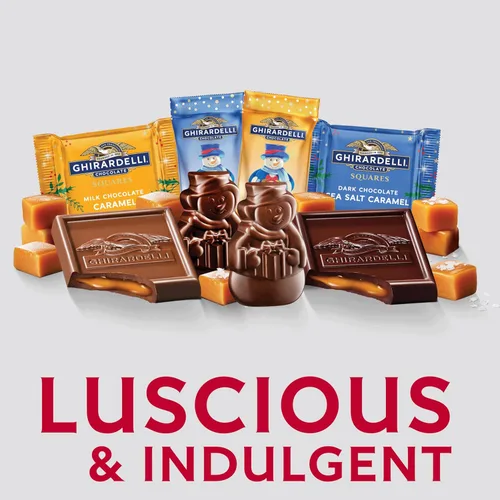 Vista 5 de Ghirardelli Holiday Caramel Collection, cuadrados de chocolate negro y leche, surtido de muñecos de nieve, 12.2 onzas