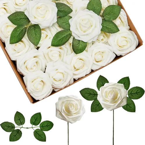 Vista 25 de InnoGear Flores artificiales, 50 unidades de rosas falsas de espuma polvorienta a granel con tallos para decoración, ramos de boda, centros de mesa