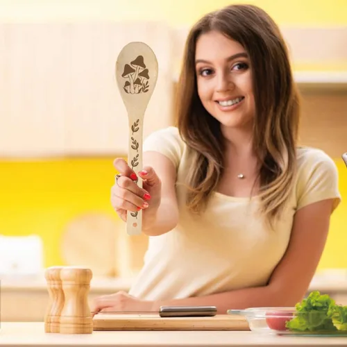 Vista 4 de CRASPIRE Juego de 6 cucharas de madera para cocinar con hongos, juego de utensilios de cocina de primavera, vajilla de cocina de bambú natural