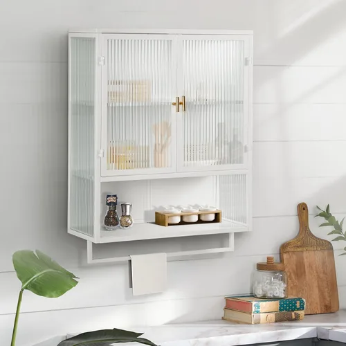 Enclosed Storage Wall Cabinet with Two Doors, Open Shelf, and Towel Rack for Modern Entryway Living Room Bathroom Dining Room
