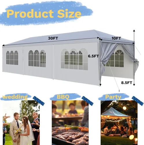 Vista 7 de Flamaker Toldo resistente de 10 x 30 pies para fiestas, refugio impermeable para bodas y eventos con paredes laterales extraíbles, 2 puertas
