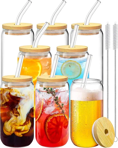 Vista 11 de WISIMMALL - Juego de 2 vasos de vidrio con tapas de bambú y pajita de vidrio, vasos de 16 onzas con tapas y pajitas, para cerveza, café helado