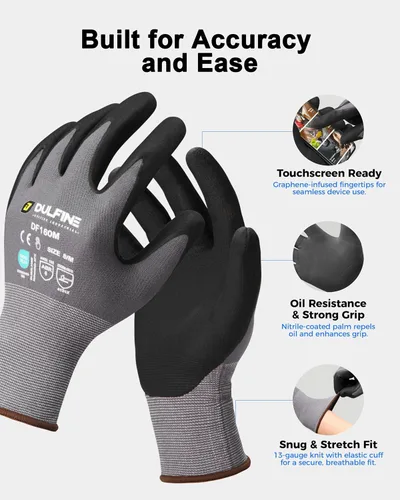Vista 2 de DULFINE Safety Work Gloves for Men & Women, MicroFoam Nitrile Coated Nylon Black Grip for General Purpose, 3/6/12/36 Pairs
