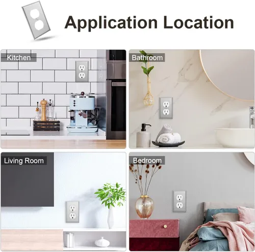 Vista 6 de Paquete de 4 cubiertas de salida de placa de interruptor de pared dúplex individual – Cubiertas de placa de salida de receptáculo de acero