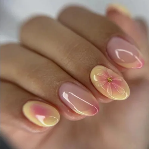 Vista 9 de Uñas postizas a presión con flores azules, uñas postizas medianas en forma de almendra, punta francesa, cobertura completa, uñas con pegamento