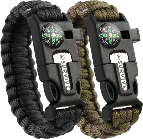 SURVIVE Pulsera paracord, paquete de 2, kit de supervivencia para emergencias de senderismo, encendedor, brújula, silbato, 3 tamaños de muñeca: