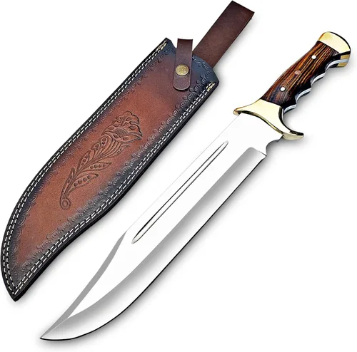Vista 8 de Cuchillo de caza de Damasco hecho a mano de 14" con funda de cuero - Ideal para cortar, camping al aire libre - Cuchillo grande de hoja fija