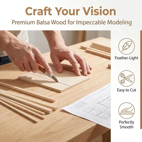 Vista 5 de Kit de manualidades de madera de balsa prémium Barsha Space - 10 hojas sin acabar (10x15cm, 12.7mm) + 140 palos (3mm & 6mm) - Ideal para modelos