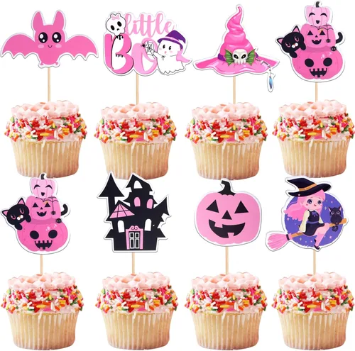 Vista 22 de 24 piezas de decoración de cupcakes de Halloween para despedida de soltero con purpurina, araña, bruja, murciélago, Halloween, cupcakes