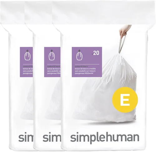 simplehuman Código E - Bolsas de basura auténticas con cordón de ajuste adaptable en paquetes dispensadores, 20 litros/5.3 galones, color blanco, 60