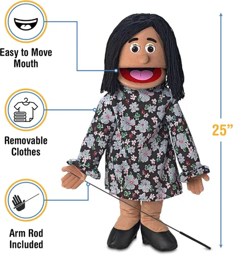 Vista 3 de Maria, mamá hispana/profesora, cuerpo completo, marioneta estilo ventrílocuo de 25 pulgadas