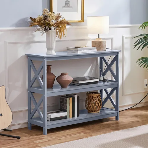 Vista 45 de Yaheetech Soportes de televisión y centros de entretenimiento con estante de almacenamiento de 3 niveles para sala de estar, gris