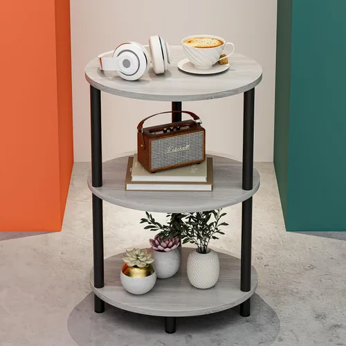 Vista 25 de Mesa auxiliar redonda pequeña, mesa decorativa ovalada de 3 niveles para espacios pequeños, mesa auxiliar de sofá de madera rústica y metal, mesita