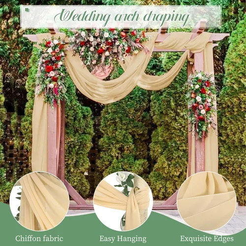 Vista 4 de 4 paneles de tela drapeada para arco de boda, cortinas de champán de 28 pulgadas x 20 pies, cortina de gasa transparente, cortinas de techo