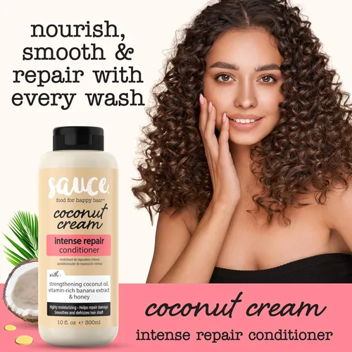 Vista 2 de SAUCE BEAUTY Acondicionador de crema de coco para cabello seco, dañado, encrespado y rizado con aceite de coco, sin parabenos ni sulfatos, 10 onzas