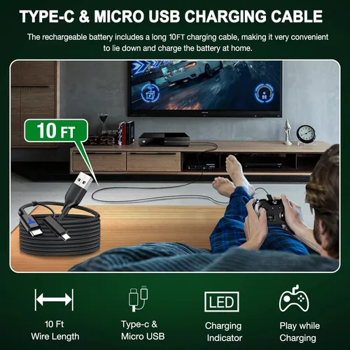Vista 6 de Paquete de batería recargable para Xbox Series XS 2 x 1400 mAh Xbox con cable de carga USB C de 10 pies y micro USB paquete de batería de control