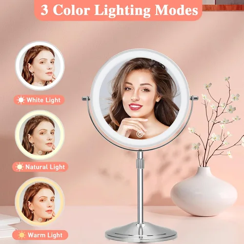 Vista 4 de Espejo de maquillaje iluminado con aumento, 10 x 8 pulgadas, espejo de tocador recargable de doble cara con luces, espejo de maquillaje de aumento