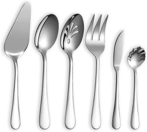 Vista 9 de Berglander Juego de cubiertos de acero inoxidable chapado en titanio dorado, 6 piezas, 5 piezas de 45 piezas de cubiertos con 1 servidor de pastel