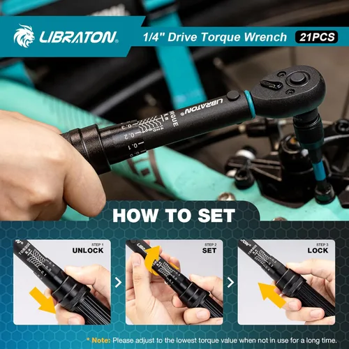 Vista 4 de LIBRATON Llave dinamométrica para bicicleta, 1/4", 2-14 Nm, llave dinamométrica de engranaje de 72 dientes, juego de llaves de torsión de micro clic