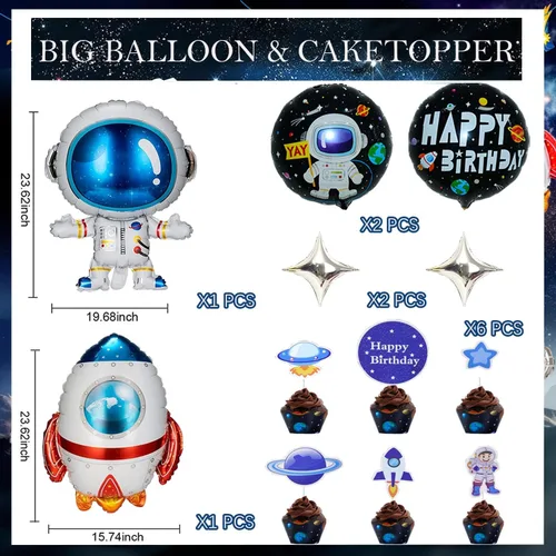 Vista 9 de Outer Space Theme Birthday Party Decorations - Galaxy Party Supplies : Happy Birthday Backdrop, Tablecloth, Rocket ，Astronaut Balloons and