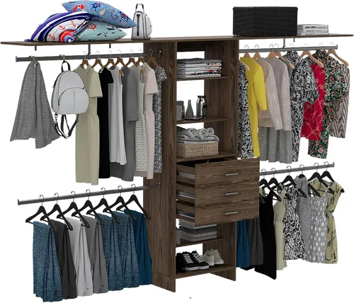 Vista 3 de Closet System 69" W 118" W, Four Hanging Rods, Three Drawers, Five Shelves, Dark Walnut