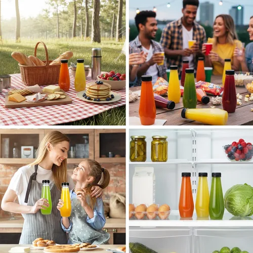 Vista 7 de Moretoes 80 botellas de jugo de 12 onzas, botellas vacías de plástico para exprimir con tapas, contenedores de bebidas transparentes reutilizables a
