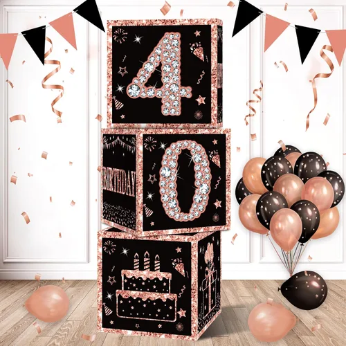 Vista 12 de Eiurteao 3 cajas de decoración de cumpleaños número 16 para niñas, cajas de globos de feliz cumpleaños de 16 años de oro rosa, suministros
