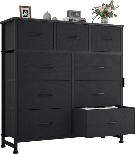 Vista 16 de OLIXIS Cómoda de almacenamiento de 9 cajones con tapa de madera - Organizador de cómoda de tela ancha para dormitorio, clóset, sala de estar
